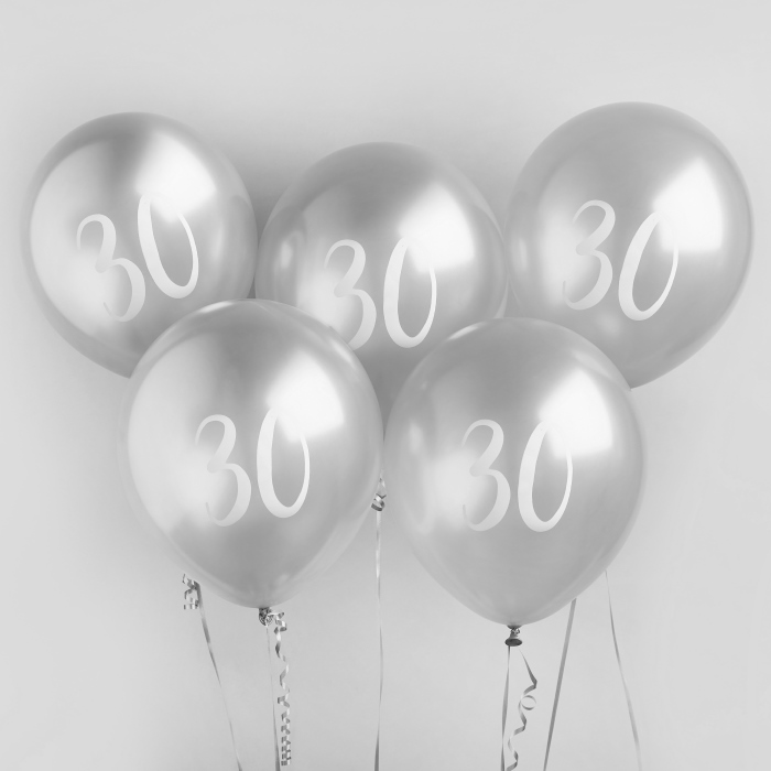 Silver 30th Birthday Latex Balloons Pack of 5 image 2